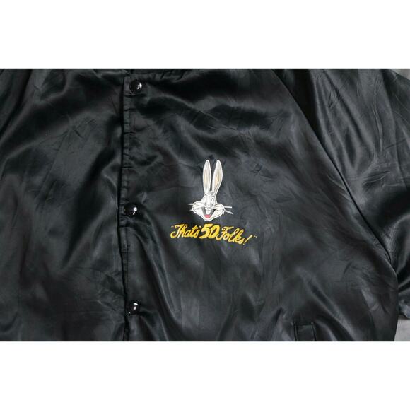Bugs Bunny Happy Birthday 1990 Black Bomber Satin Jacket S XXL Vintage 2 Glasses - Picture 10 of 16